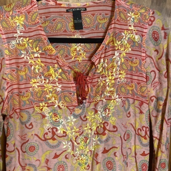 LUCKY BRAND | Boho Embroidered Split Neck Tunic Blouse | Size Small - Picture 3 of 11